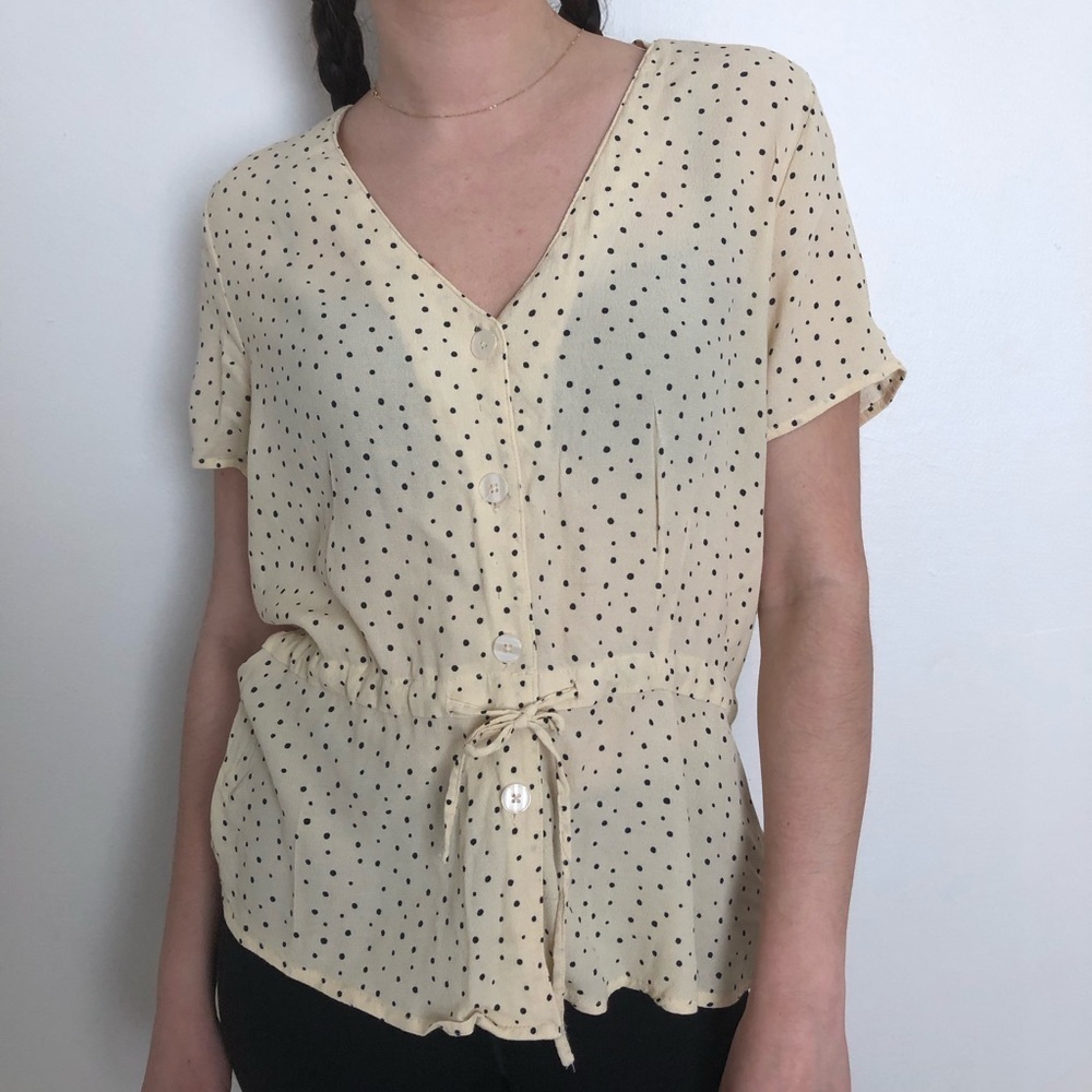 Frank & Oak Cream and Black Tie Front Blouse